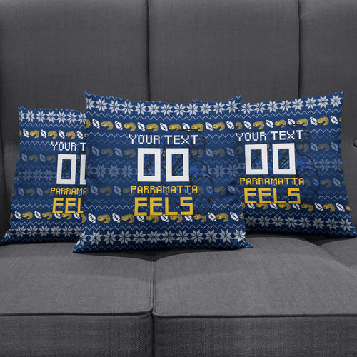 Personalized Parramatta Eels Christmas Pillow Cover Australian Rugby Fans - Pixelated Ugly Xmas Pattern Mascot Santa
