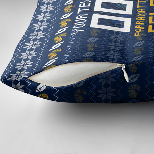 Personalized Parramatta Eels Christmas Pillow Cover Australian Rugby Fans - Pixelated Ugly Xmas Pattern Mascot Santa