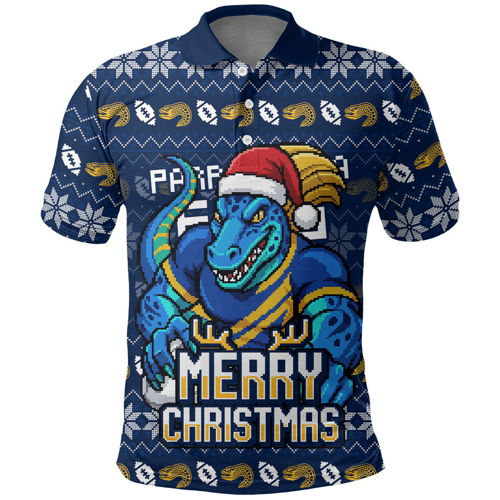 Personalized Parramatta Eels Christmas Polo Shirt Australian Rugby Fans - Pixelated Ugly Xmas Pattern Mascot Santa