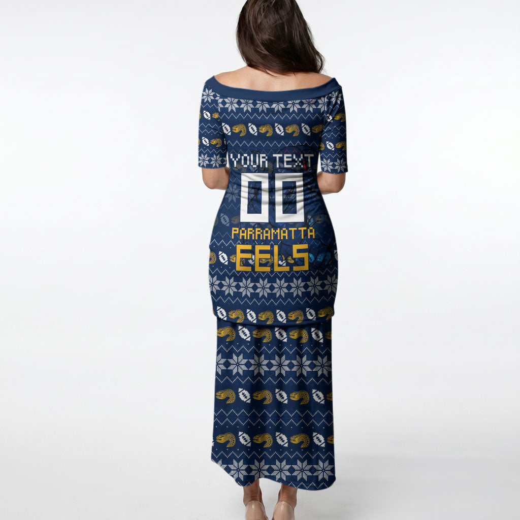 Personalized Parramatta Eels Christmas Puletasi Australian Rugby Fans - Pixelated Ugly Xmas Pattern Mascot Santa