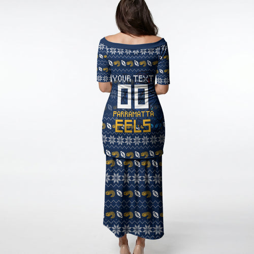 Personalized Parramatta Eels Christmas Puletasi Australian Rugby Fans - Pixelated Ugly Xmas Pattern Mascot Santa