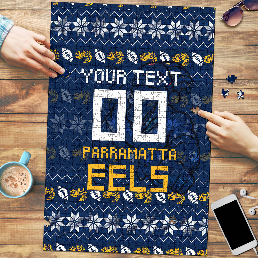 Personalized Parramatta Eels Christmas Puzzle Australian Rugby Fans - Pixelated Ugly Xmas Pattern Mascot Santa