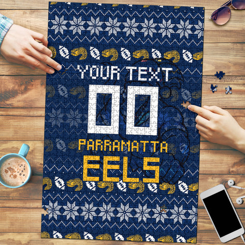 Personalized Parramatta Eels Christmas Puzzle Australian Rugby Fans - Pixelated Ugly Xmas Pattern Mascot Santa