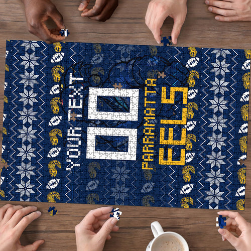 Personalized Parramatta Eels Christmas Puzzle Australian Rugby Fans - Pixelated Ugly Xmas Pattern Mascot Santa