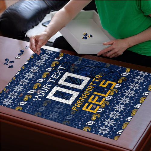 Personalized Parramatta Eels Christmas Puzzle Australian Rugby Fans - Pixelated Ugly Xmas Pattern Mascot Santa