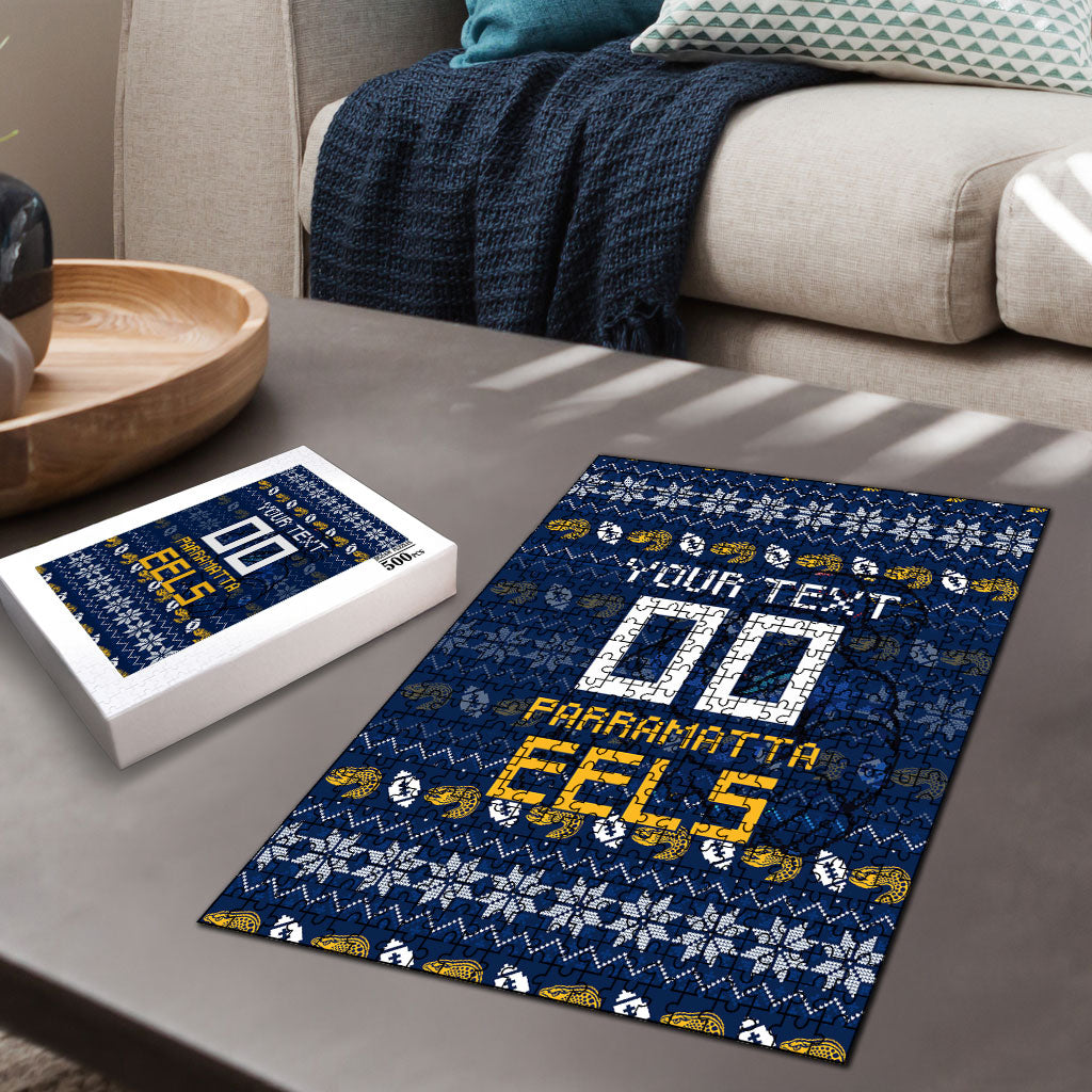 Personalized Parramatta Eels Christmas Puzzle Australian Rugby Fans - Pixelated Ugly Xmas Pattern Mascot Santa