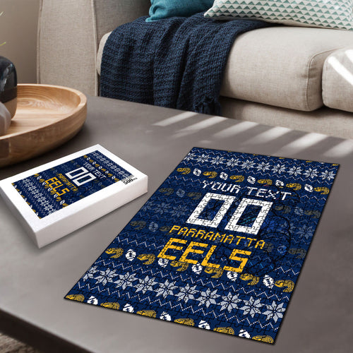 Personalized Parramatta Eels Christmas Puzzle Australian Rugby Fans - Pixelated Ugly Xmas Pattern Mascot Santa
