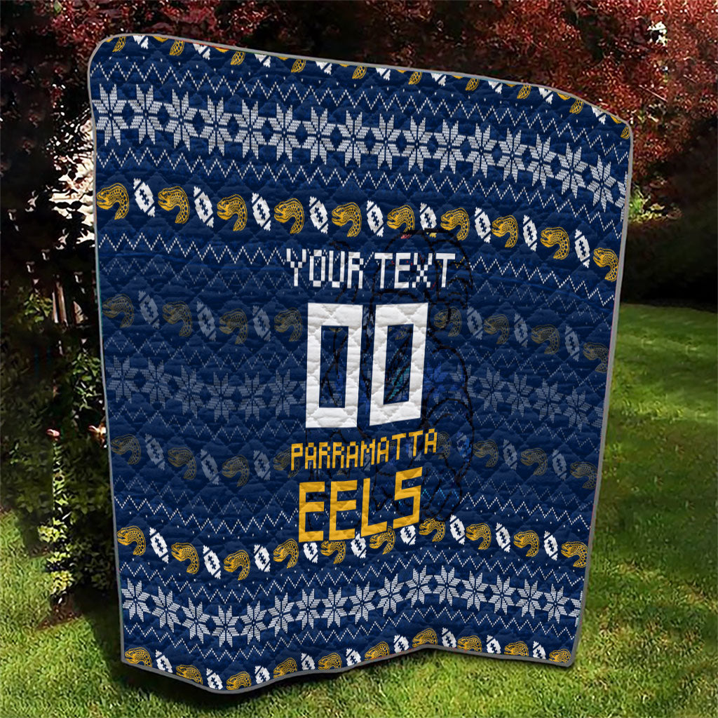 Personalized Parramatta Eels Christmas Quilt Australian Rugby Fans - Pixelated Ugly Xmas Pattern Mascot Santa