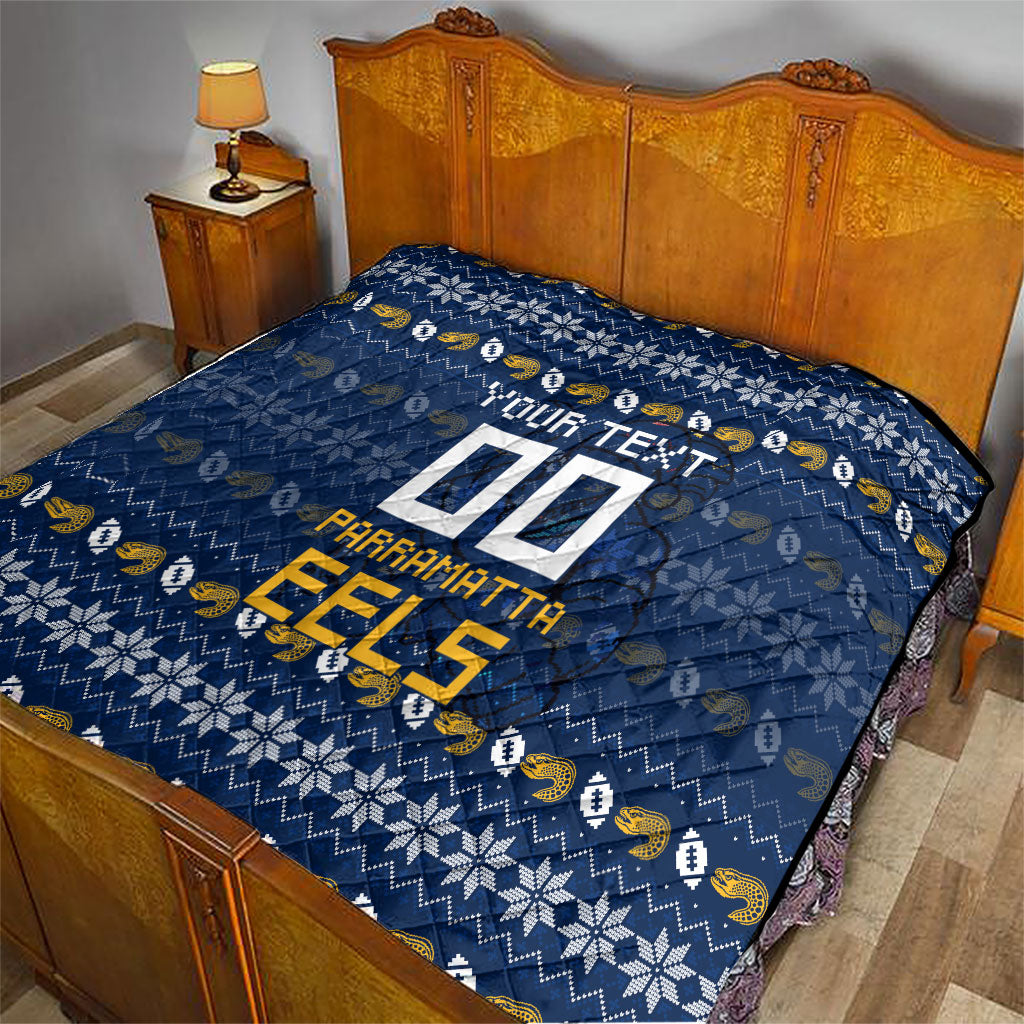 Personalized Parramatta Eels Christmas Quilt Australian Rugby Fans - Pixelated Ugly Xmas Pattern Mascot Santa