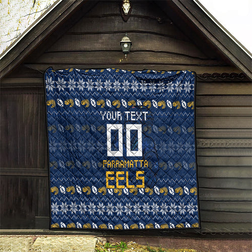 Personalized Parramatta Eels Christmas Quilt Australian Rugby Fans - Pixelated Ugly Xmas Pattern Mascot Santa