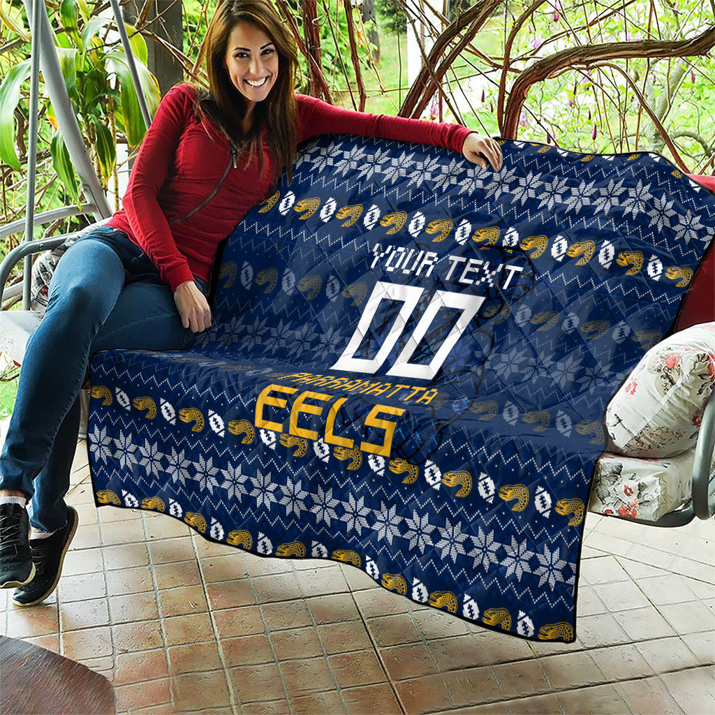 Personalized Parramatta Eels Christmas Quilt Australian Rugby Fans - Pixelated Ugly Xmas Pattern Mascot Santa