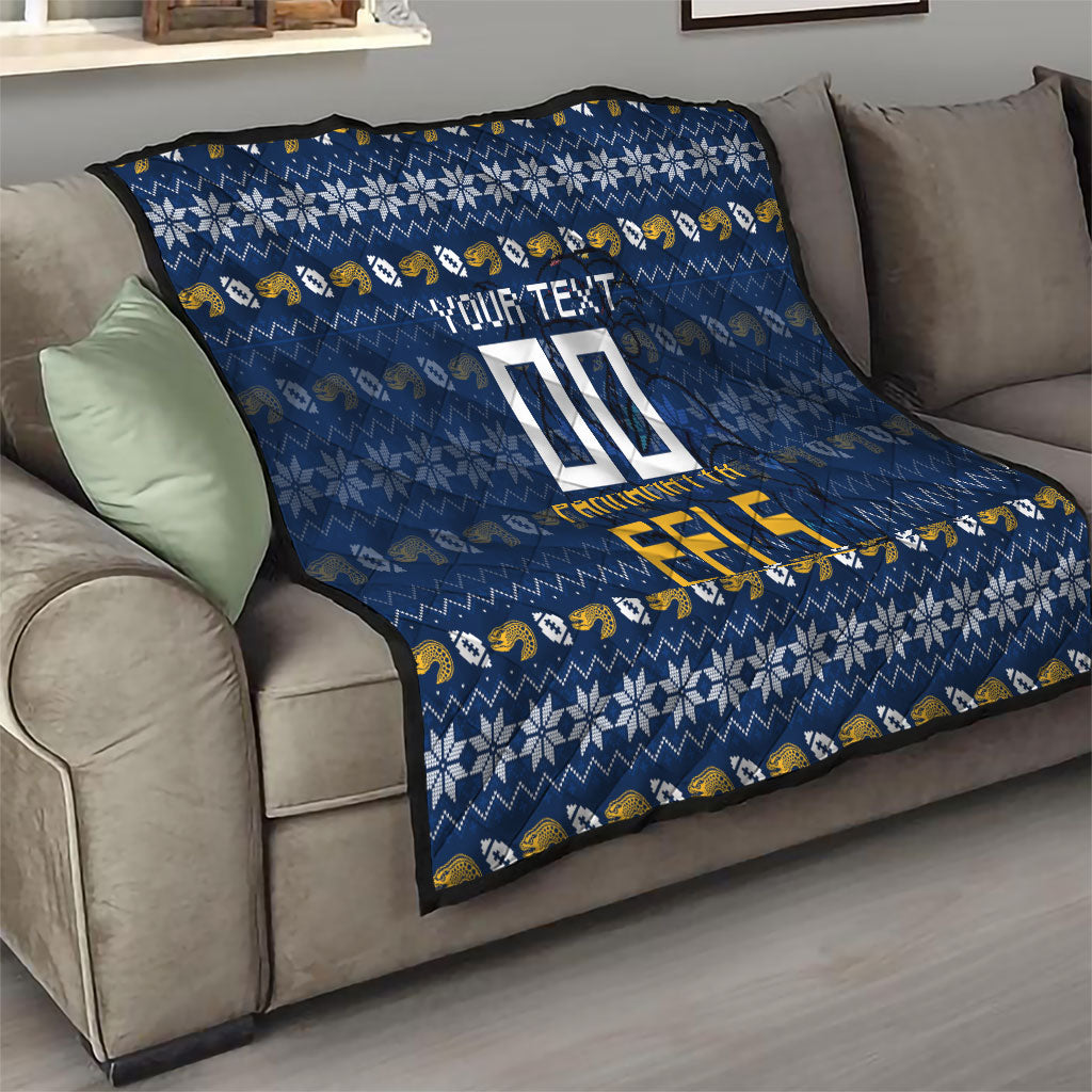 Personalized Parramatta Eels Christmas Quilt Australian Rugby Fans - Pixelated Ugly Xmas Pattern Mascot Santa