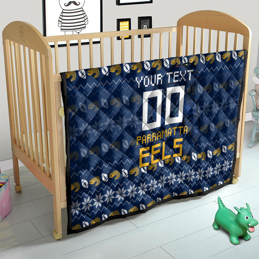 Personalized Parramatta Eels Christmas Quilt Australian Rugby Fans - Pixelated Ugly Xmas Pattern Mascot Santa