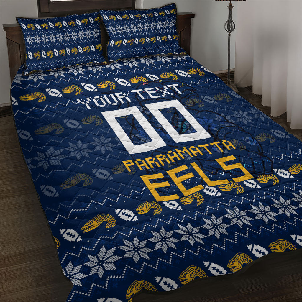 Personalized Parramatta Eels Christmas Quilt Bed Set Australian Rugby Fans - Pixelated Ugly Xmas Pattern Mascot Santa
