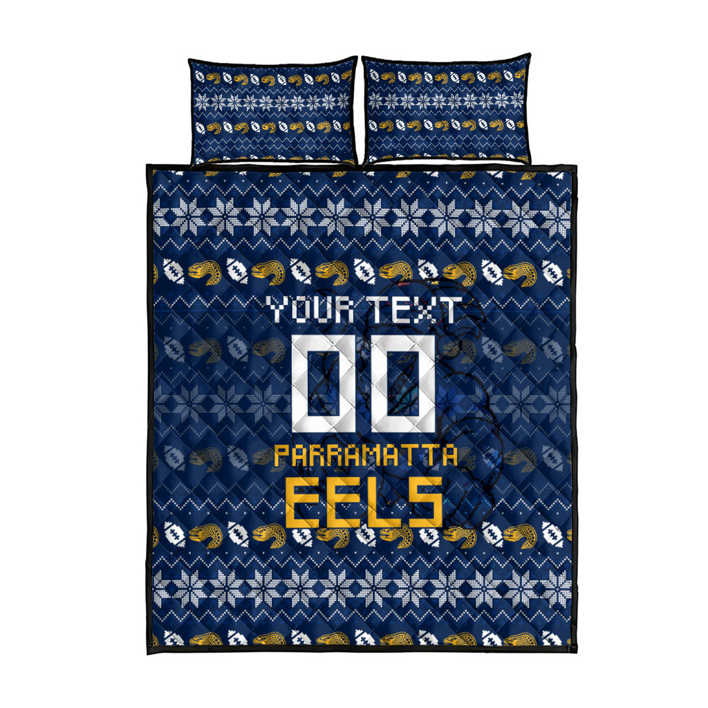 Personalized Parramatta Eels Christmas Quilt Bed Set Australian Rugby Fans - Pixelated Ugly Xmas Pattern Mascot Santa