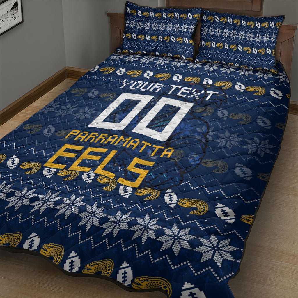 Personalized Parramatta Eels Christmas Quilt Bed Set Australian Rugby Fans - Pixelated Ugly Xmas Pattern Mascot Santa