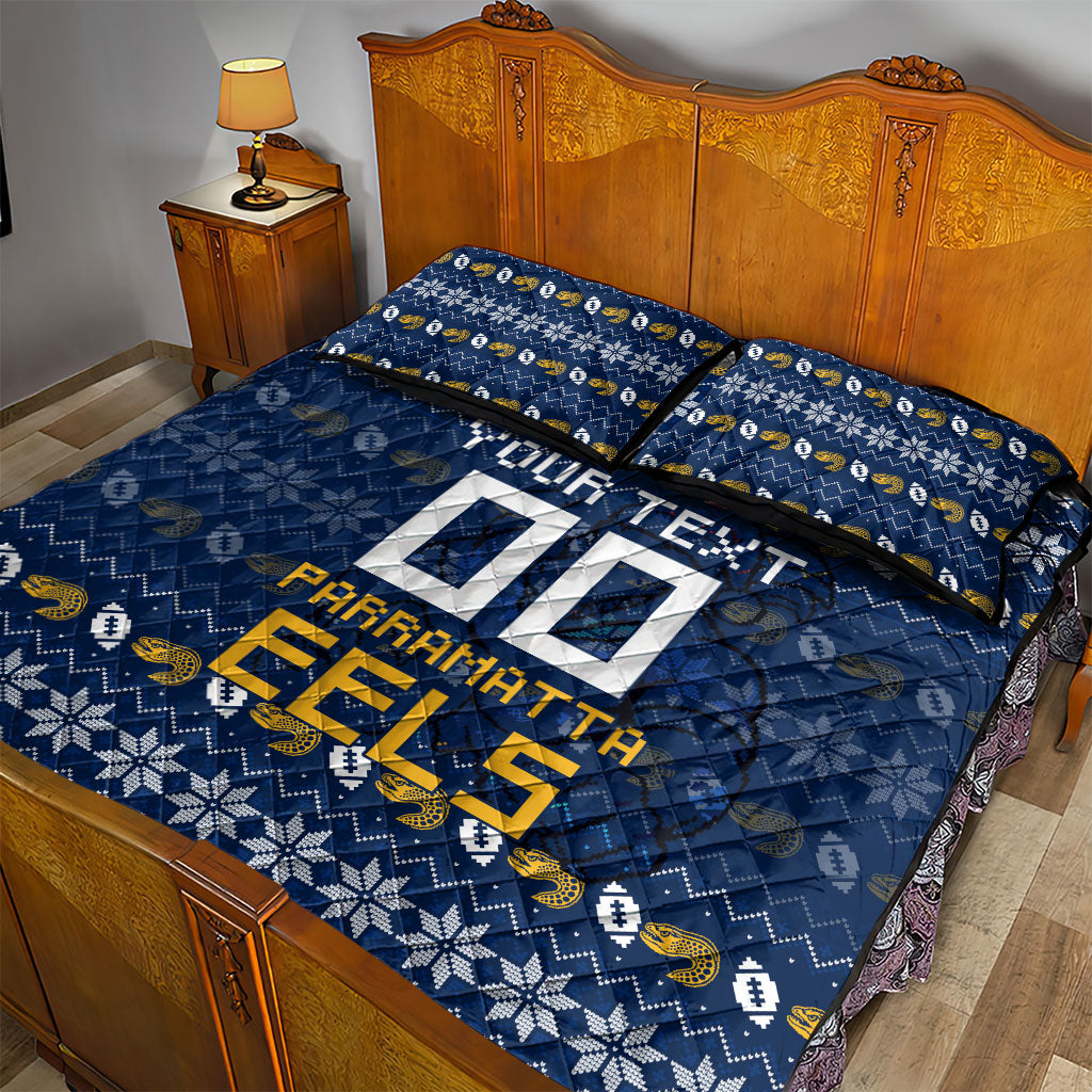 Personalized Parramatta Eels Christmas Quilt Bed Set Australian Rugby Fans - Pixelated Ugly Xmas Pattern Mascot Santa