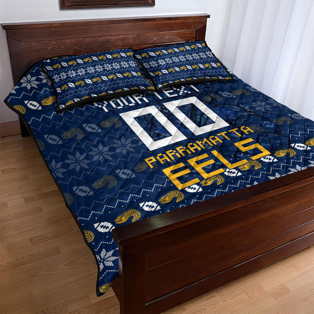 Personalized Parramatta Eels Christmas Quilt Bed Set Australian Rugby Fans - Pixelated Ugly Xmas Pattern Mascot Santa