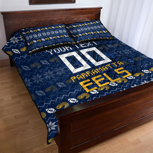 Personalized Parramatta Eels Christmas Quilt Bed Set Australian Rugby Fans - Pixelated Ugly Xmas Pattern Mascot Santa