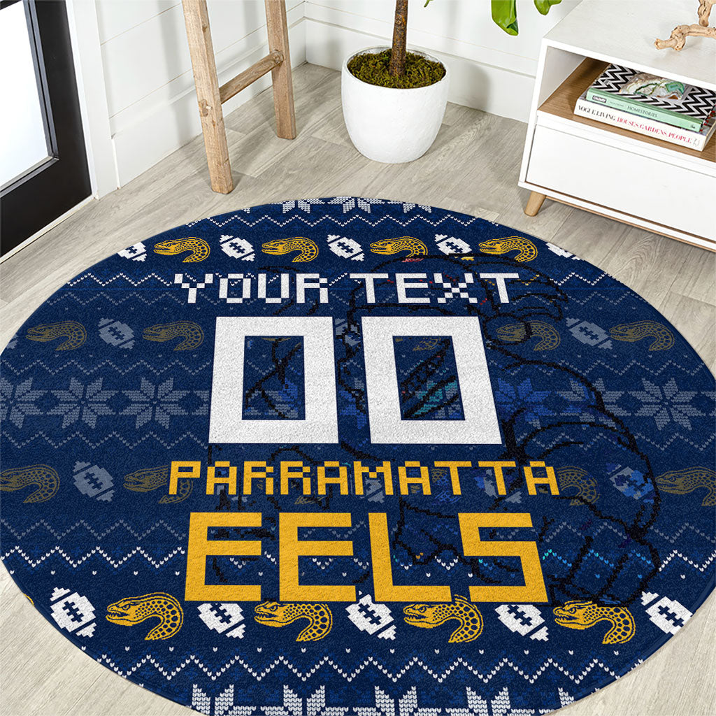 Personalized Parramatta Eels Christmas Round Carpet Australian Rugby Fans - Pixelated Ugly Xmas Pattern Mascot Santa