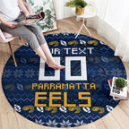 Personalized Parramatta Eels Christmas Round Carpet Australian Rugby Fans - Pixelated Ugly Xmas Pattern Mascot Santa