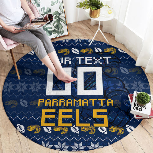 Personalized Parramatta Eels Christmas Round Carpet Australian Rugby Fans - Pixelated Ugly Xmas Pattern Mascot Santa