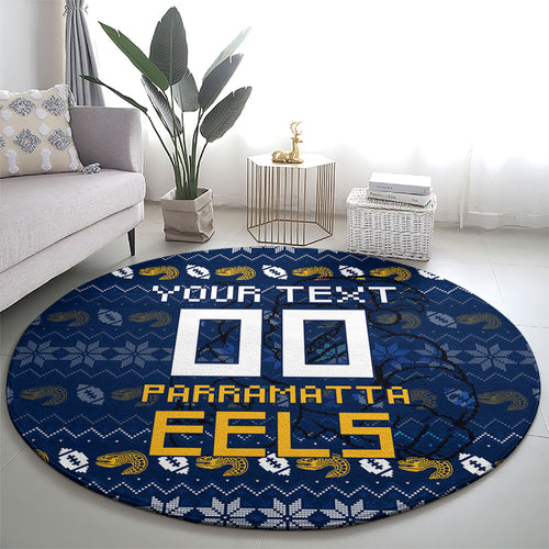 Personalized Parramatta Eels Christmas Round Carpet Australian Rugby Fans - Pixelated Ugly Xmas Pattern Mascot Santa