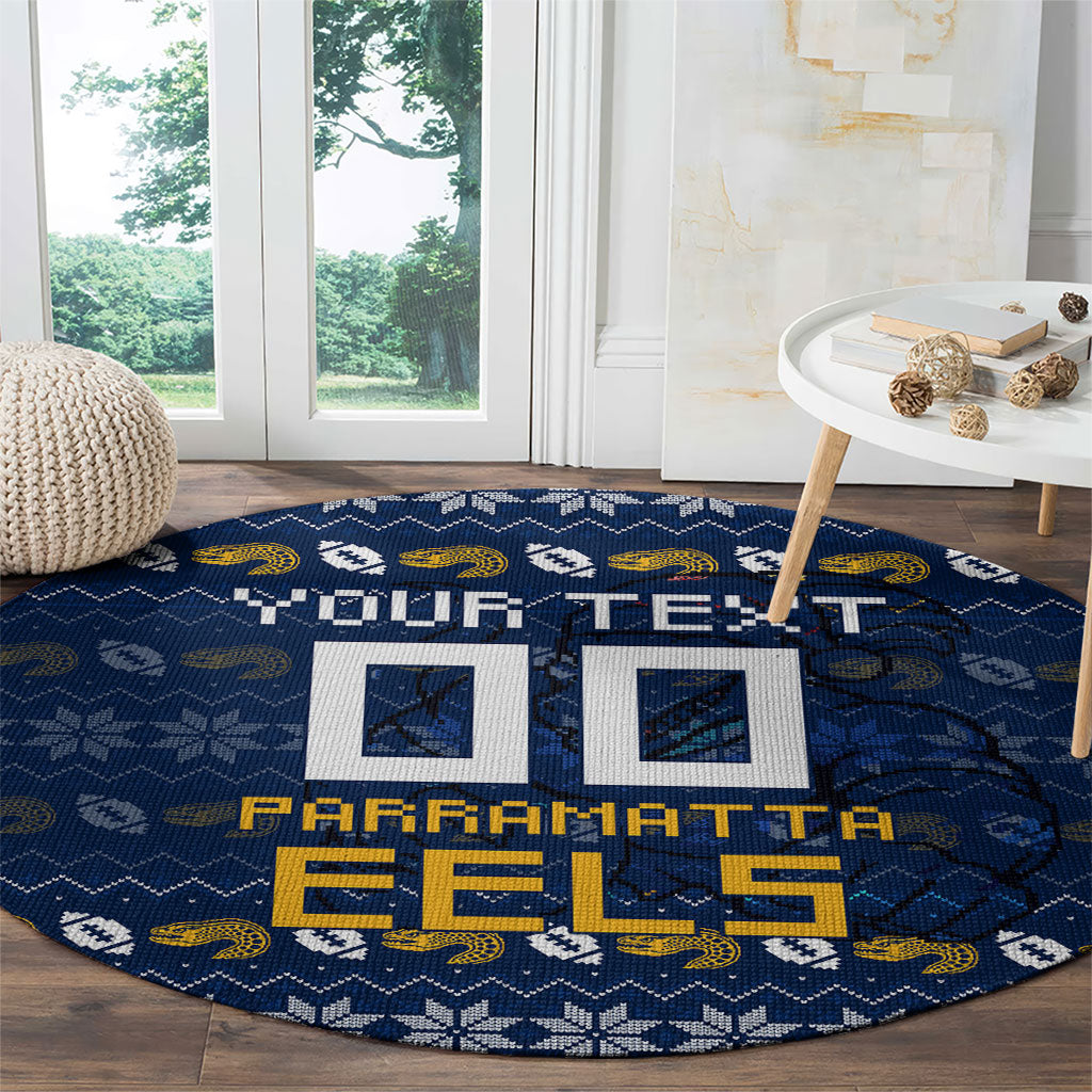 Personalized Parramatta Eels Christmas Round Carpet Australian Rugby Fans - Pixelated Ugly Xmas Pattern Mascot Santa