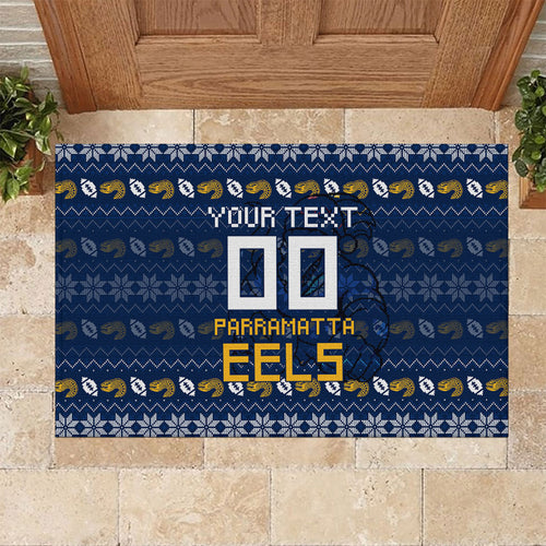Personalized Parramatta Eels Christmas Rubber Doormat Australian Rugby Fans - Pixelated Ugly Xmas Pattern Mascot Santa