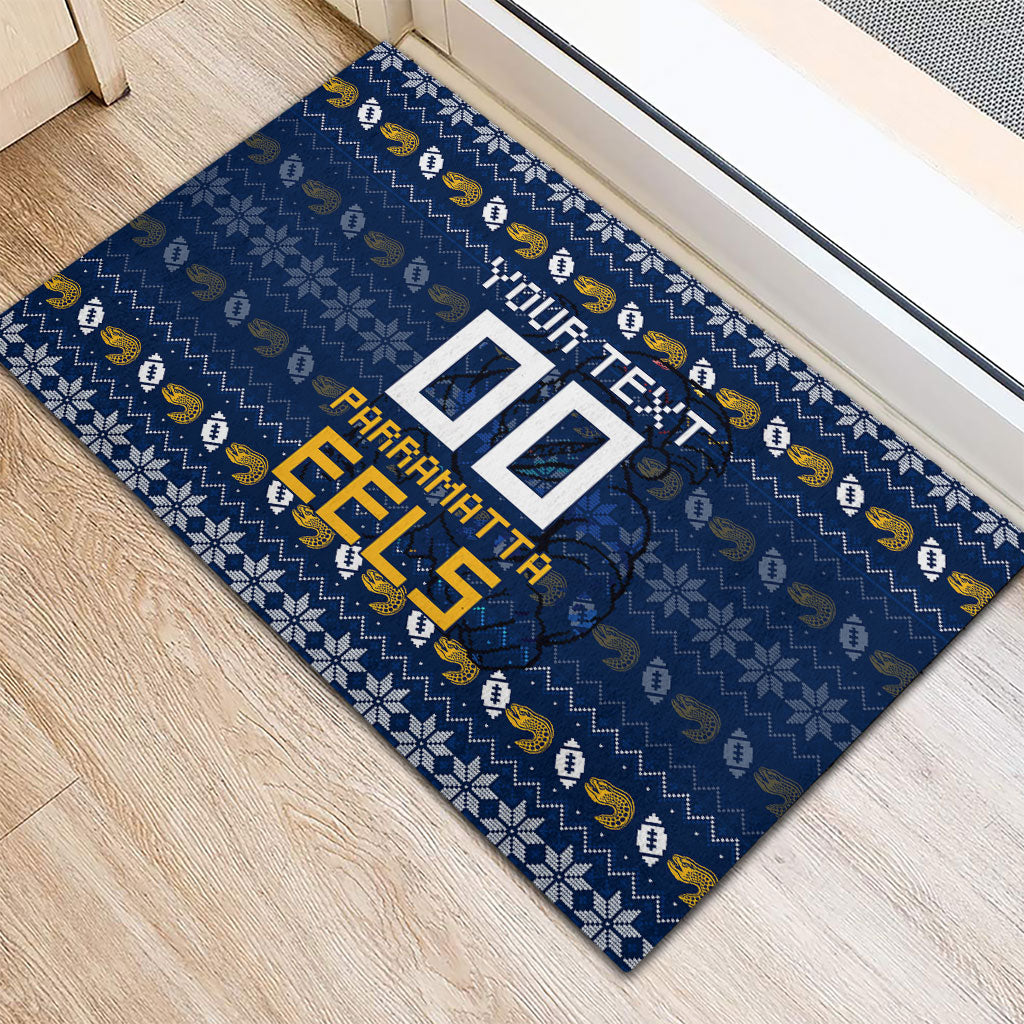 Personalized Parramatta Eels Christmas Rubber Doormat Australian Rugby Fans - Pixelated Ugly Xmas Pattern Mascot Santa