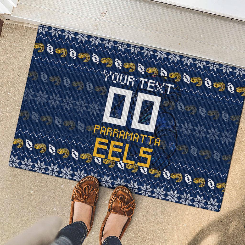 Personalized Parramatta Eels Christmas Rubber Doormat Australian Rugby Fans - Pixelated Ugly Xmas Pattern Mascot Santa