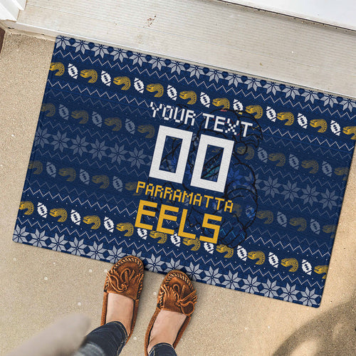 Personalized Parramatta Eels Christmas Rubber Doormat Australian Rugby Fans - Pixelated Ugly Xmas Pattern Mascot Santa
