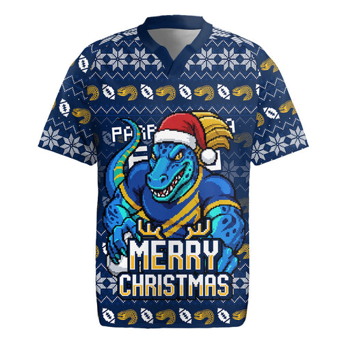 Personalized Parramatta Eels Christmas Rugby Jersey Australian Rugby Fans - Pixelated Ugly Xmas Pattern Mascot Santa