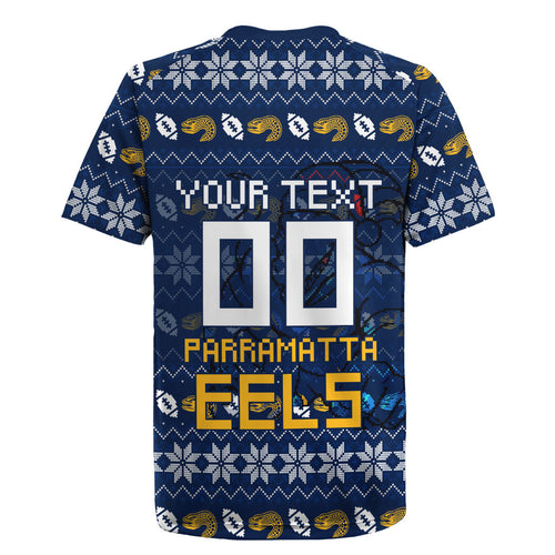 Personalized Parramatta Eels Christmas Rugby Jersey Australian Rugby Fans - Pixelated Ugly Xmas Pattern Mascot Santa