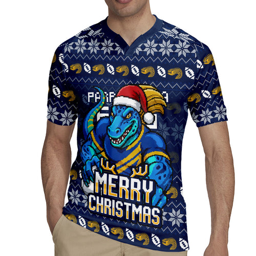 Personalized Parramatta Eels Christmas Rugby Jersey Australian Rugby Fans - Pixelated Ugly Xmas Pattern Mascot Santa