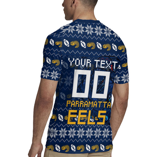 Personalized Parramatta Eels Christmas Rugby Jersey Australian Rugby Fans - Pixelated Ugly Xmas Pattern Mascot Santa