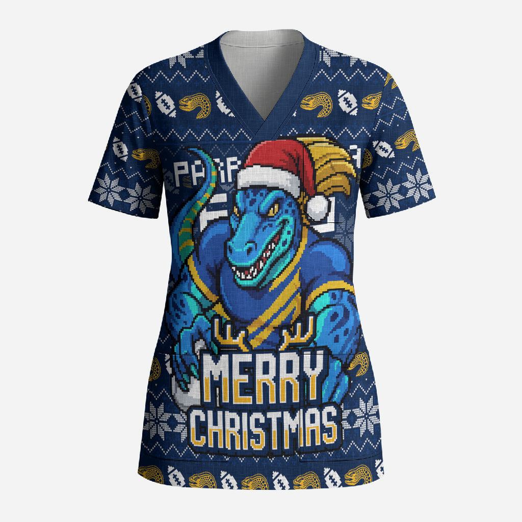 Personalized Parramatta Eels Christmas Scrub Top Australian Rugby Fans - Pixelated Ugly Xmas Pattern Mascot Santa
