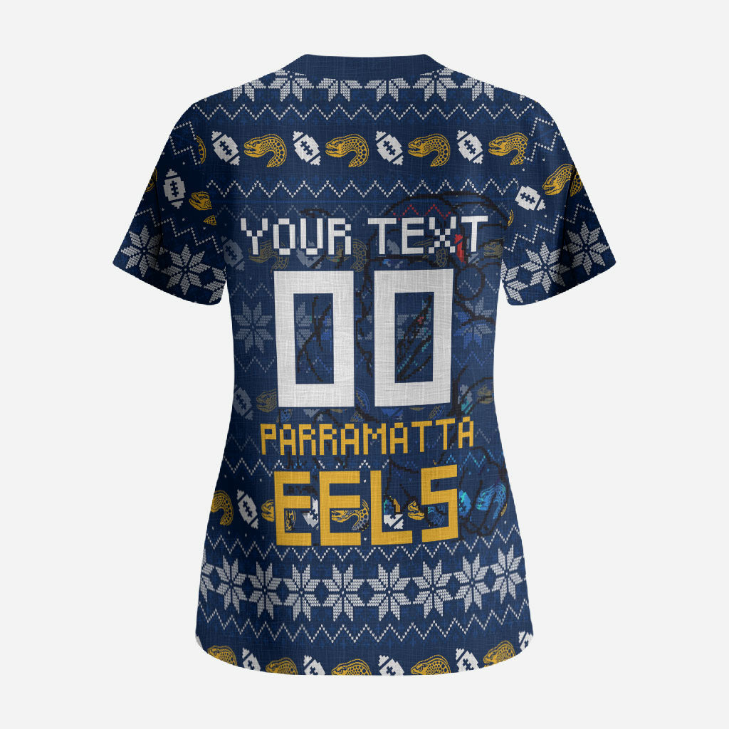 Personalized Parramatta Eels Christmas Scrub Top Australian Rugby Fans - Pixelated Ugly Xmas Pattern Mascot Santa