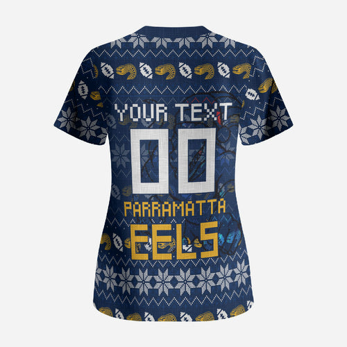Personalized Parramatta Eels Christmas Scrub Top Australian Rugby Fans - Pixelated Ugly Xmas Pattern Mascot Santa