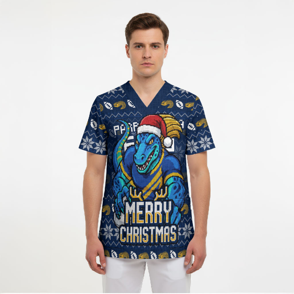 Personalized Parramatta Eels Christmas Scrub Top Australian Rugby Fans - Pixelated Ugly Xmas Pattern Mascot Santa