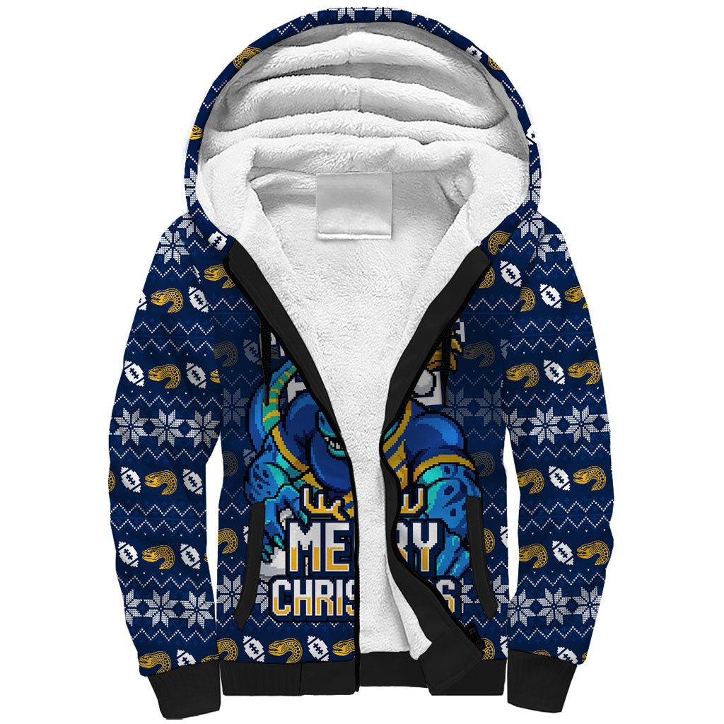 Personalized Parramatta Eels Christmas Sherpa Hoodie Australian Rugby Fans - Pixelated Ugly Xmas Pattern Mascot Santa