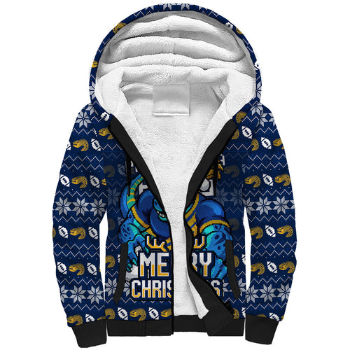 Personalized Parramatta Eels Christmas Sherpa Hoodie Australian Rugby Fans - Pixelated Ugly Xmas Pattern Mascot Santa
