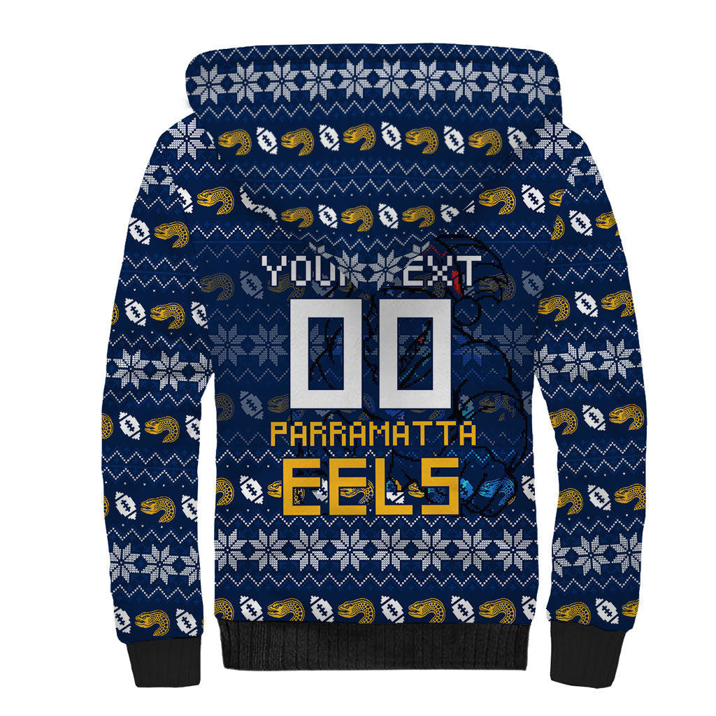 Personalized Parramatta Eels Christmas Sherpa Hoodie Australian Rugby Fans - Pixelated Ugly Xmas Pattern Mascot Santa