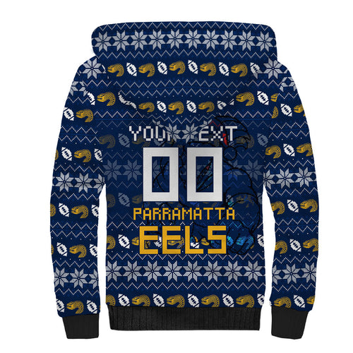 Personalized Parramatta Eels Christmas Sherpa Hoodie Australian Rugby Fans - Pixelated Ugly Xmas Pattern Mascot Santa