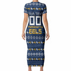 Personalized Parramatta Eels Christmas Short Sleeve Bodycon Dress Australian Rugby Fans - Pixelated Ugly Xmas Pattern Mascot Santa