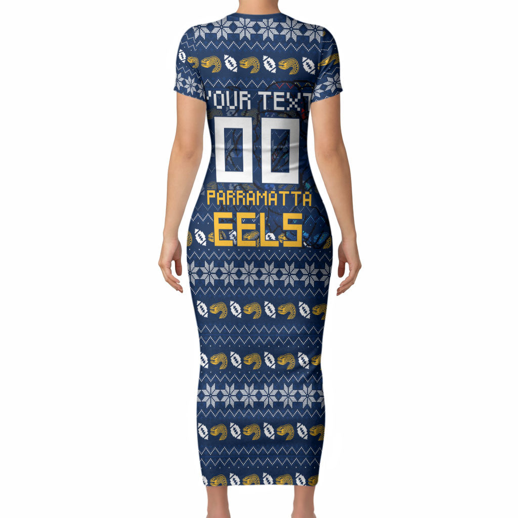 Personalized Parramatta Eels Christmas Short Sleeve Bodycon Dress Australian Rugby Fans - Pixelated Ugly Xmas Pattern Mascot Santa