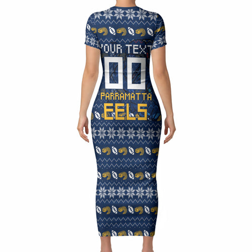 Personalized Parramatta Eels Christmas Short Sleeve Bodycon Dress Australian Rugby Fans - Pixelated Ugly Xmas Pattern Mascot Santa
