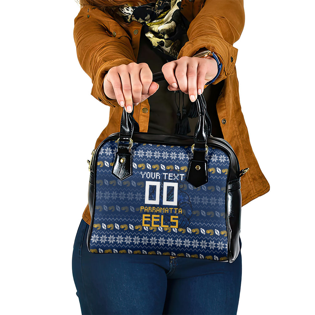 Personalized Parramatta Eels Christmas Shoulder Handbag Australian Rugby Fans - Pixelated Ugly Xmas Pattern Mascot Santa