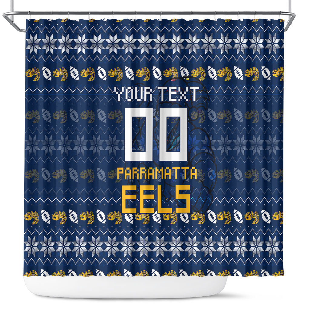 Personalized Parramatta Eels Christmas Shower Curtain Australian Rugby Fans - Pixelated Ugly Xmas Pattern Mascot Santa