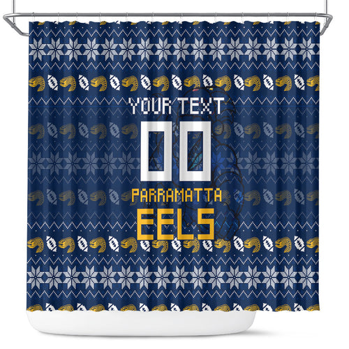 Personalized Parramatta Eels Christmas Shower Curtain Australian Rugby Fans - Pixelated Ugly Xmas Pattern Mascot Santa